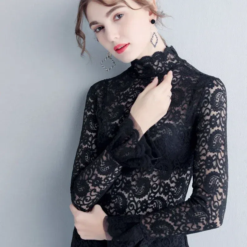 Color: black, Size: M - Sexy Transparent Long Sleeve Top Women 2025 Fashion Autumn Winter Basic Lace Blouses White Black Hollow Blusas Mujer Oversized
