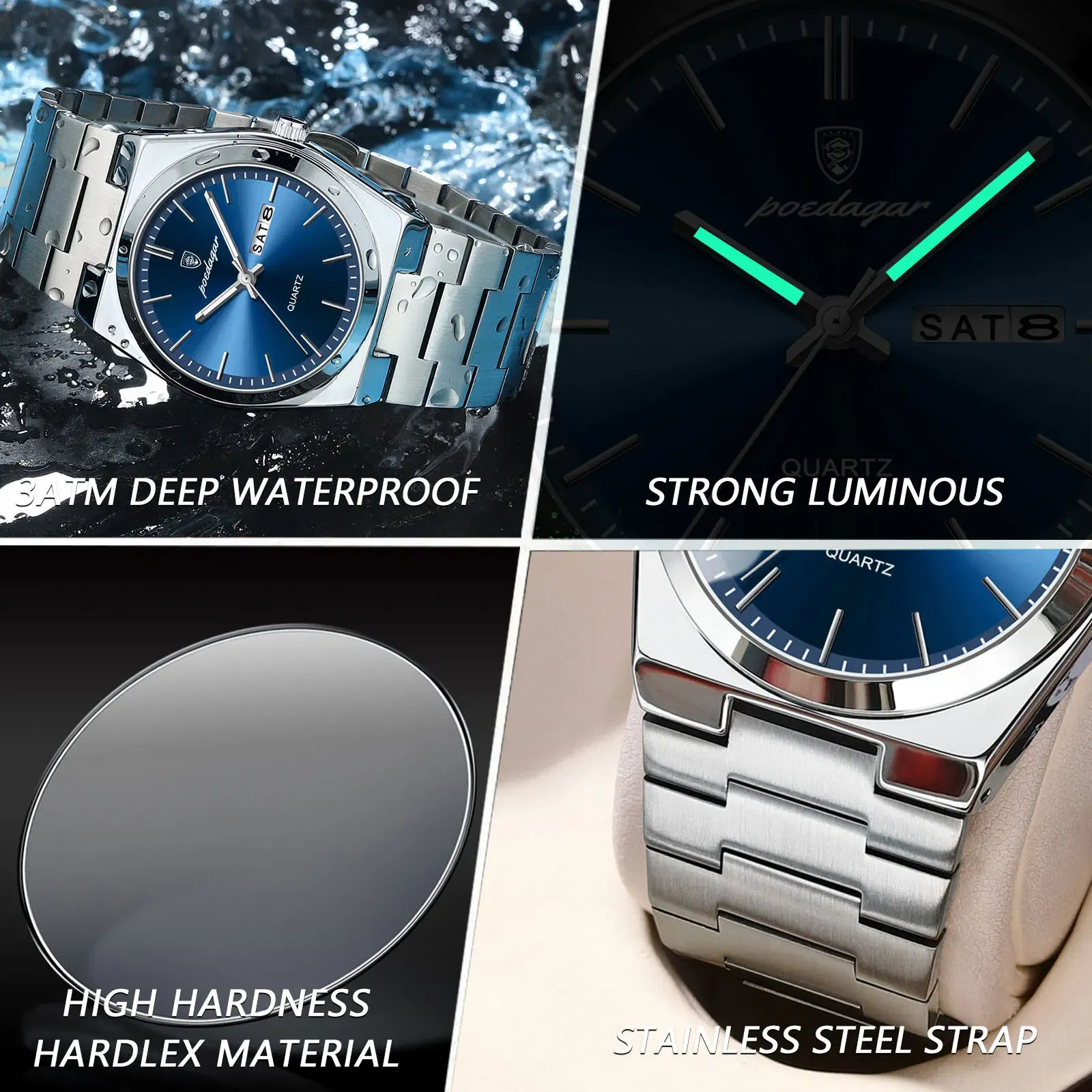Color: Rose - POEDAGAR Luxury Watch For Man Waterproof Luminous Date Week Stainless Steel Men Watch Casual Quartz Men's Watches Male Clock+box