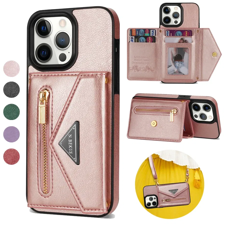Color: Brown, Material: Plastic - Wallet Side Card Zipper Flip Crossbody Leather Case For iPhone 15 14 Pro Max 13 Mini 12 11 SE 2022 2020 X XS XR 8 7 6 6s Plus