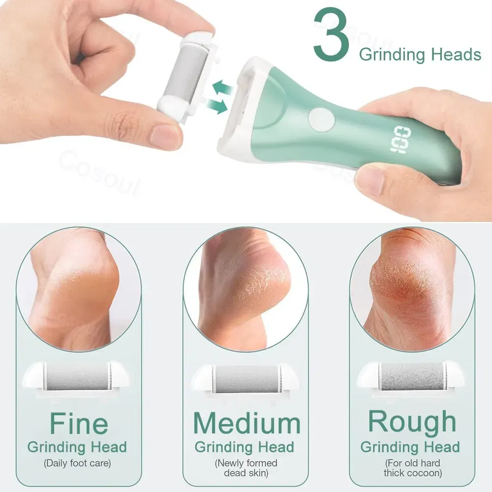 Color: Green - Electric Foot File Pedicure Tools Feet Callus Removers Rechargeable Foot Scrubber Feet Care for Dead, Hard Cracked Dry Skin
