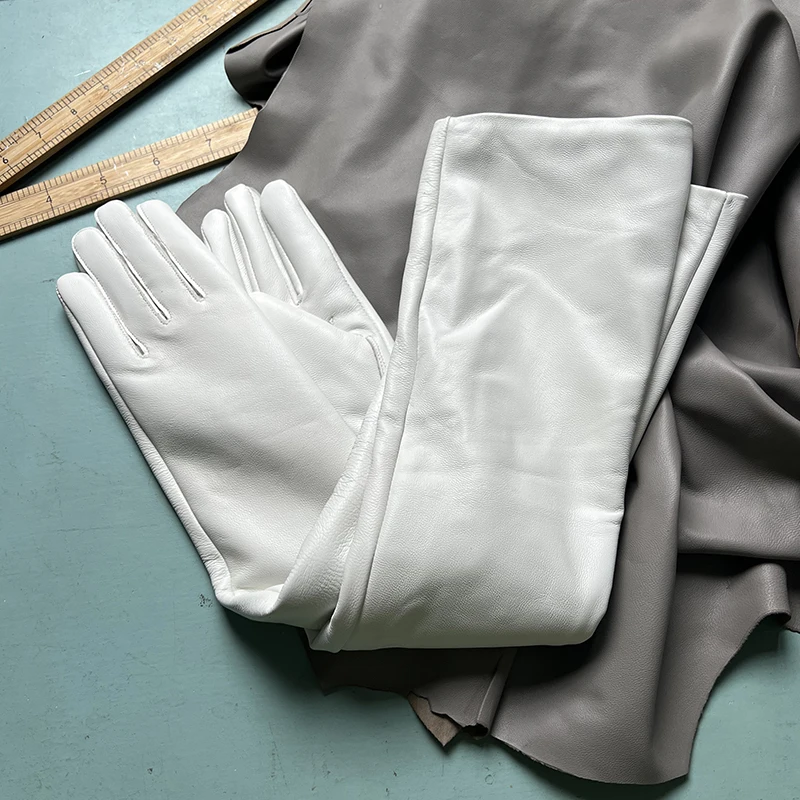 Color: green, Gloves Size: 4 - 50cm New Genuine Leather White Women's High Grade Party Mittens Sheepskin Lady Winter Velvet long Gloves Creamy Ivory Snow White