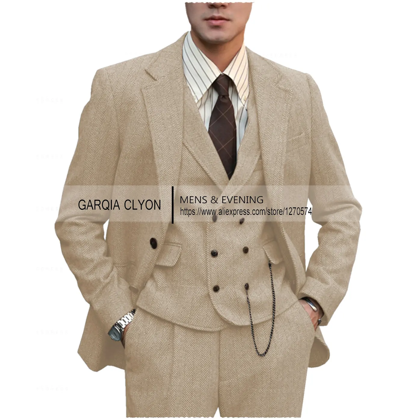 Color: green, Size: L - Tweed Herringbone 3 Pieces Herringbone Men's Business Suits Single Breasted Slim Fit Groom Formal Suits?€Blazer+vest+Pants?‰