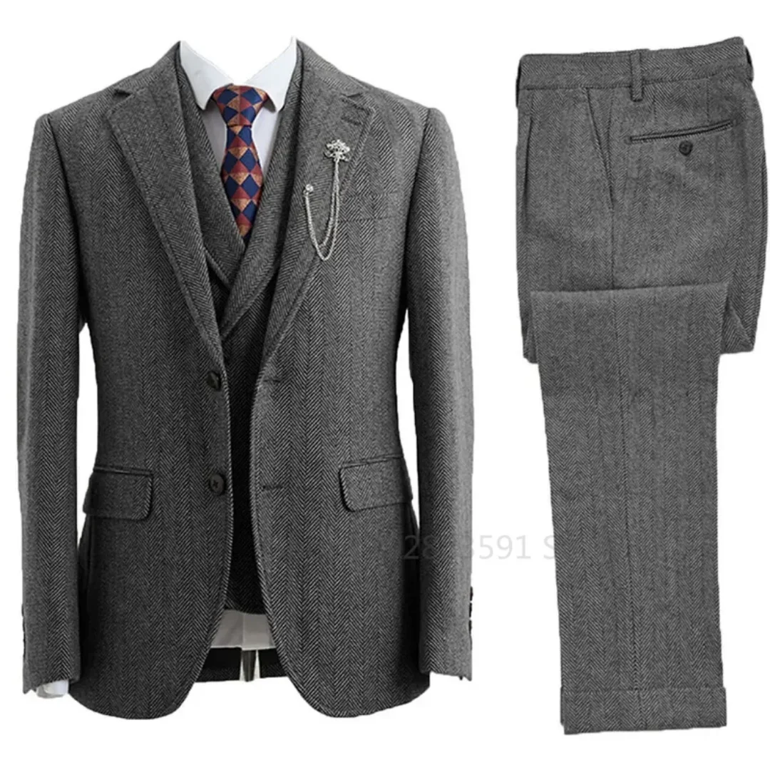 Color: GRAY, Size: 5XL - 3 Piece Men Suit Tweed Herringbone Double-Breasted Wedding Tuxedos Size Men Clothing Casual Style Men's Fashion Costume Homme