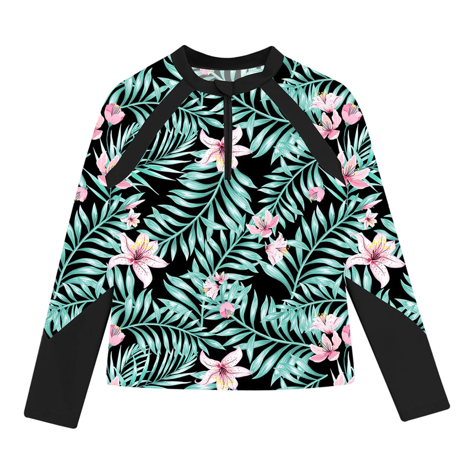 Color: Gold, Kid Size: 18M - Kids Girls Swim Top Floral Printed Rash Guard T Shirt Mock Neck Long Sleeve Pool Party Beachwear UPF 50+ Surfing Bathing Tops