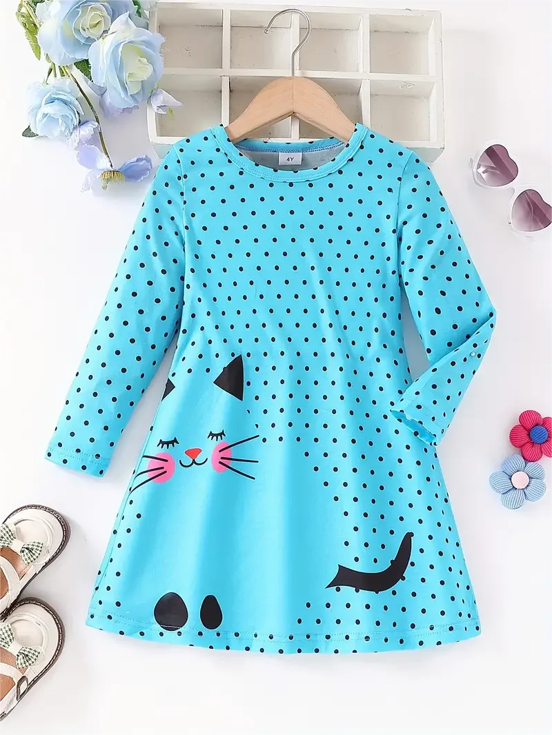 Kid Size: 3T - Dots & Kitty Print Girls Long Sleeve Dress, Spring and Autumn everyday sweet casual dress, parties, gifts