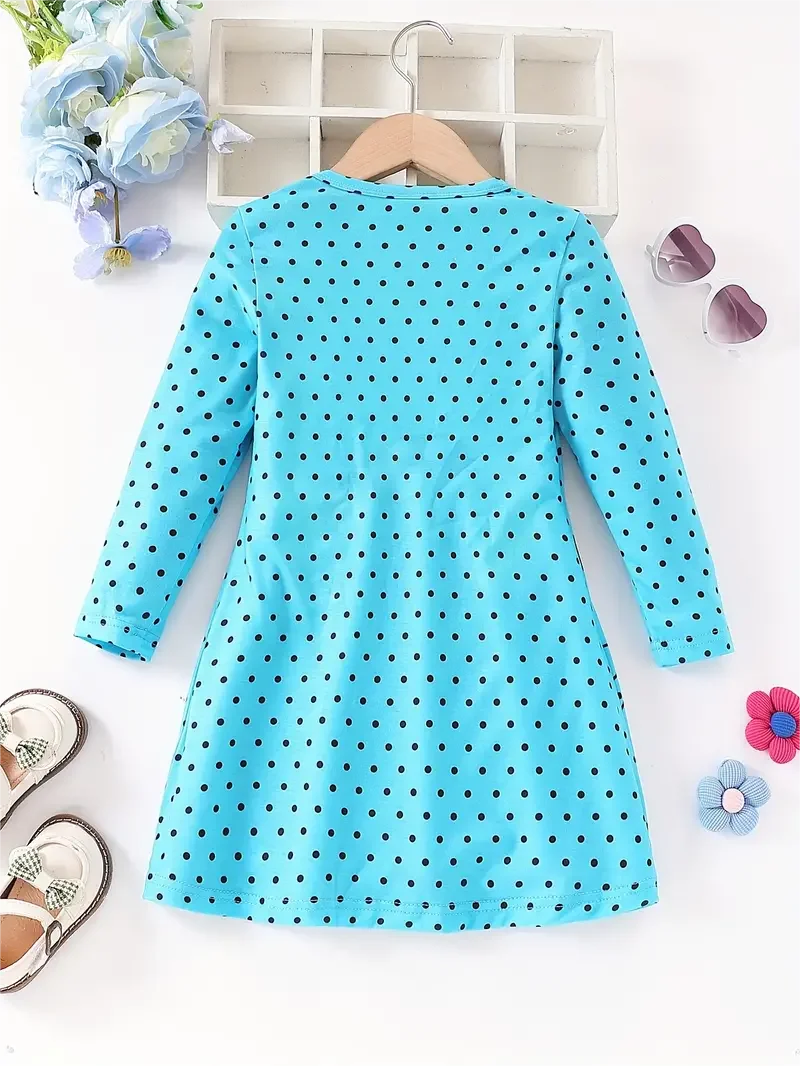 Kid Size: 3T - Dots & Kitty Print Girls Long Sleeve Dress, Spring and Autumn everyday sweet casual dress, parties, gifts
