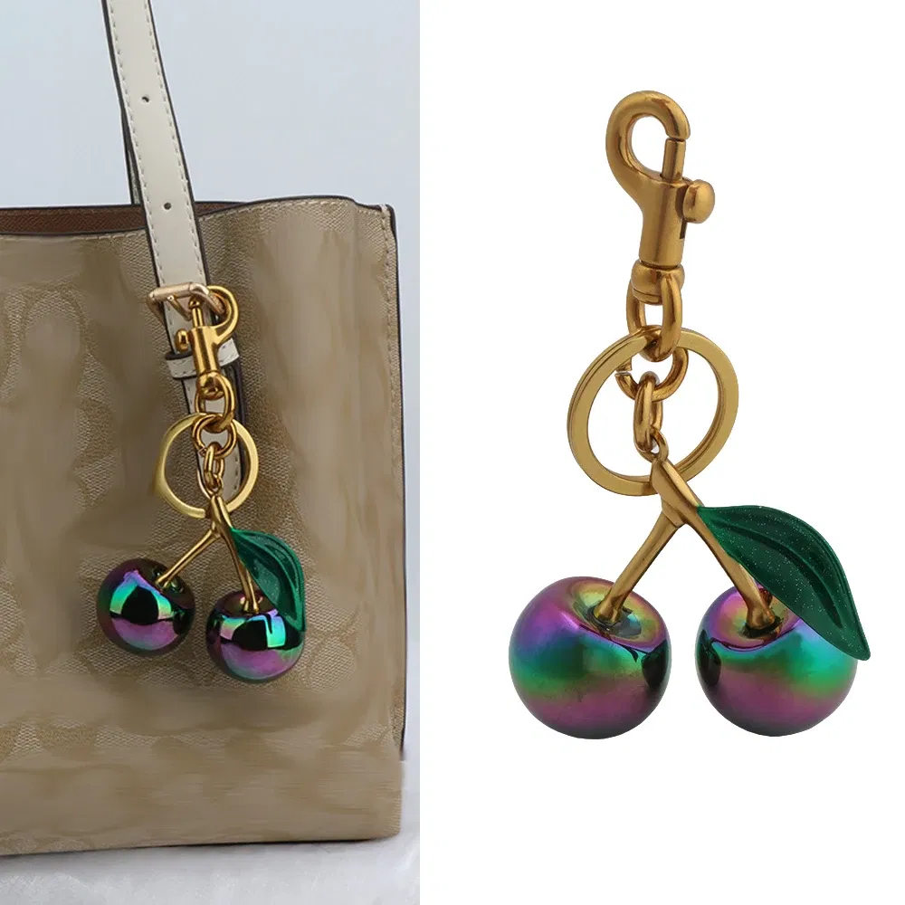 Color: Gold - Fashion Gradient Color Cherry Pendant Summer Fruits Cherries Pendant Keyring For Coach Handbag Shoulder Bags Accessories Gift