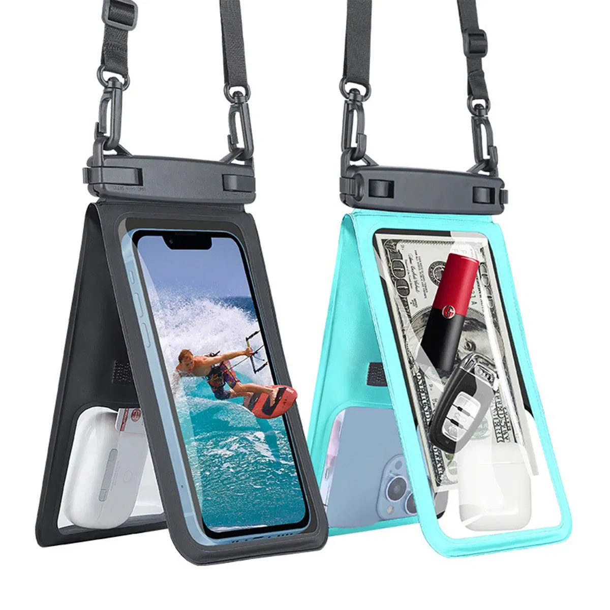 Color: Black, Material: PVC - Waterproof Mobile Phone Bag Double Pocket For iPhone 14 13 12 11 Pro Large Swimming Beach Storage Wallet Cards Pouch Dry Bags