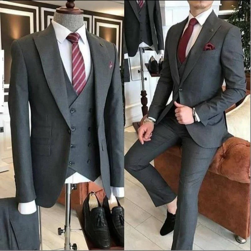 Color: army green, Size: M, Ships From: CHINA - Groom Wear 3 Pieces Gray Men Suits 2021 Slim Fit Peak Lapel One Button Tailor Made Terno Masculino (Jacket+Pants+Vest+Tie?‰