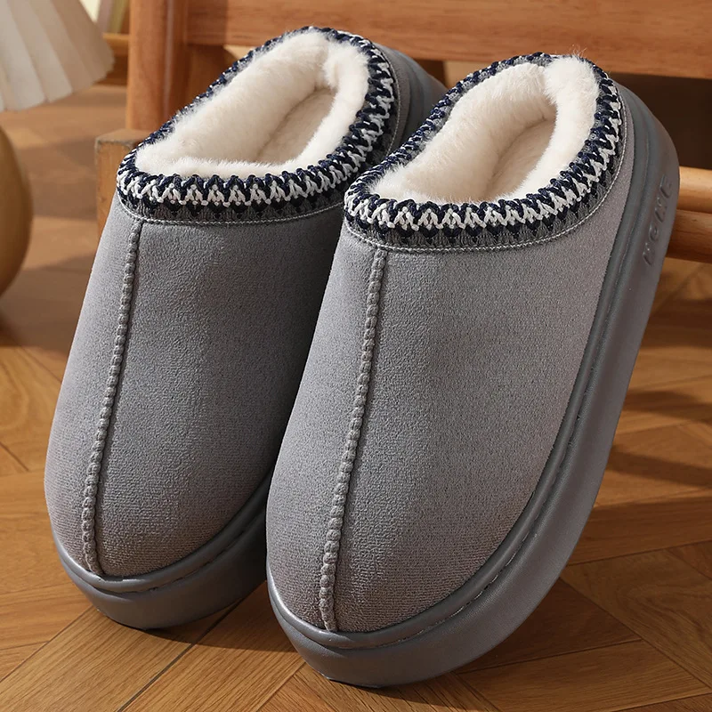 Color: GRAY, Shoe Size: 44-45 - Comfort Thick Bottom Cotton Slippers Women 2025 Winter Warm Thick Plush Non Slip Furry Clogs Shoes Embroidery Suede Snow Boots