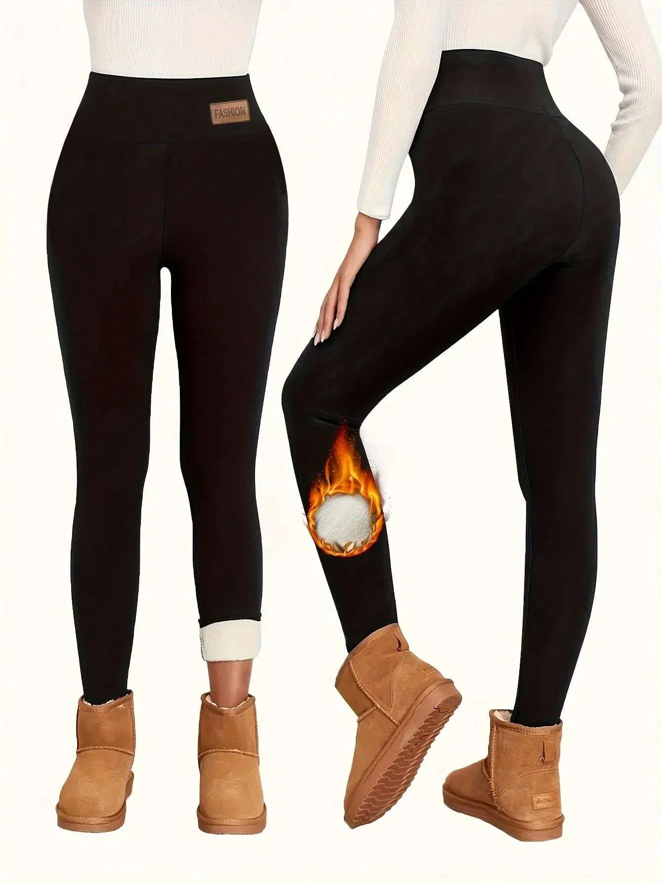 Color: Gold, Size: S - Super Warm Winter Leatherlabel Leggings Of Women Skinny Stretch High Waist Prevent Cold Leggings Casual Classic Pants