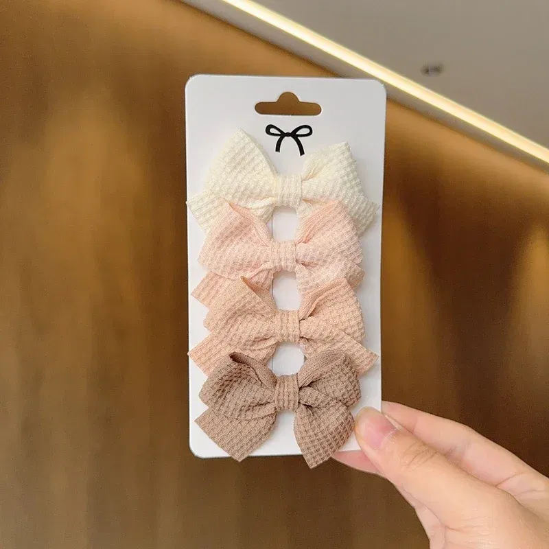 Color: Orange - 4PCS Soft Cotton Bow Hairpin Girl Sweet Plaid Design Hairpin Color Block Delicate Hairgripe Barrettes Kawaii Child Accessories