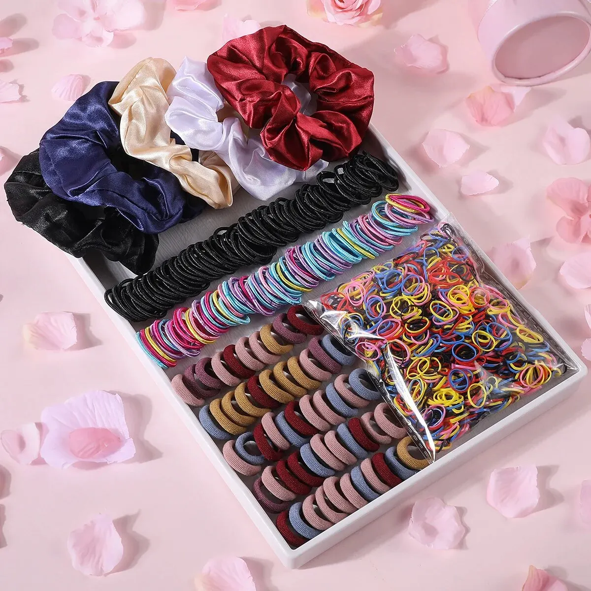 Color: Red - 2155Pcs Girls Colorful Hair Bands Set Nylon Elastic Rubber Band Satin Scrunchies Children Ponytail Holder Kids Hair Accessories