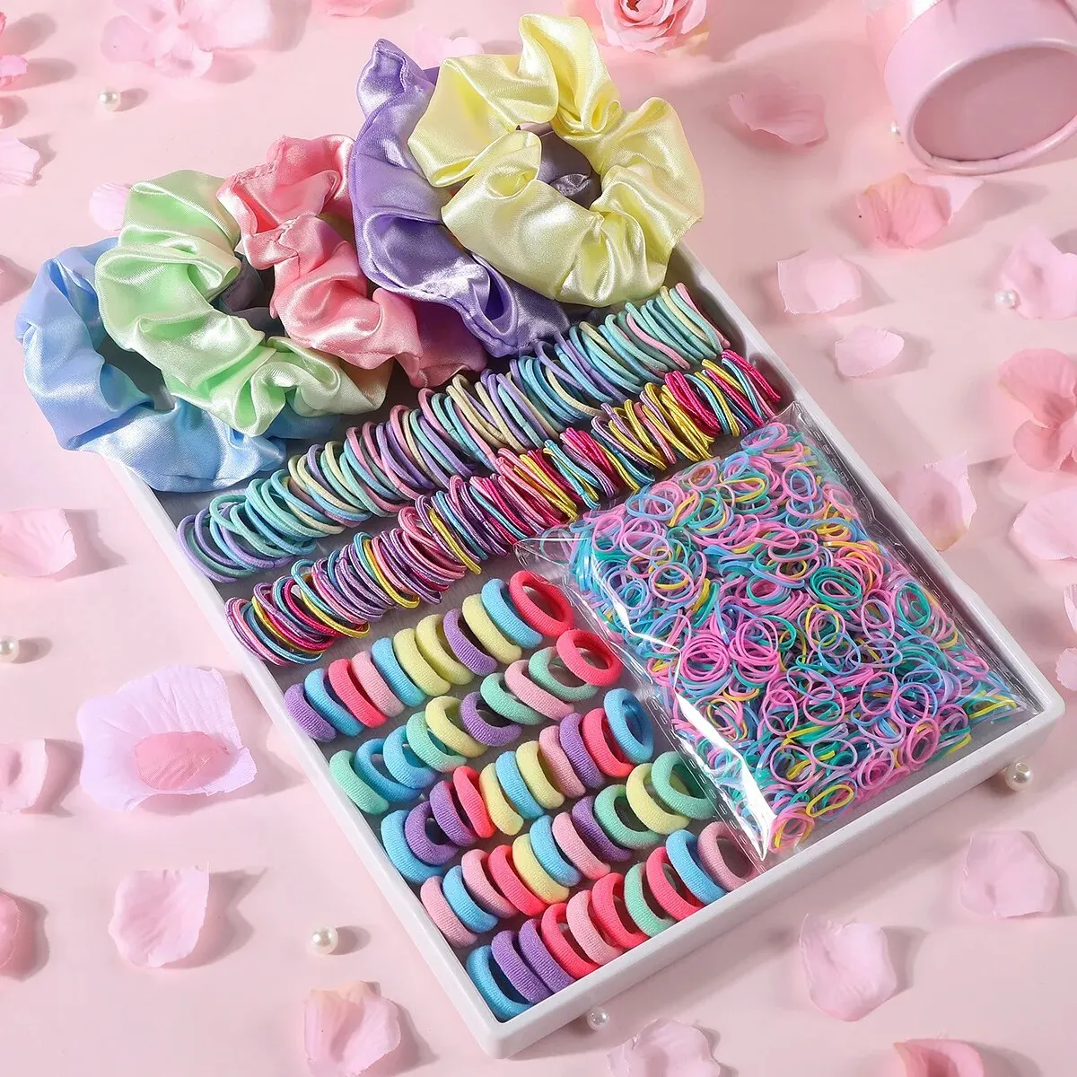 Color: Red - 2155Pcs Girls Colorful Hair Bands Set Nylon Elastic Rubber Band Satin Scrunchies Children Ponytail Holder Kids Hair Accessories
