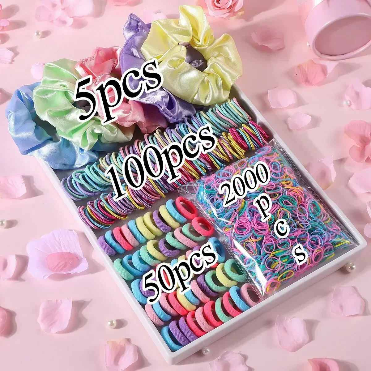 Color: Red - 2155Pcs Girls Colorful Hair Bands Set Nylon Elastic Rubber Band Satin Scrunchies Children Ponytail Holder Kids Hair Accessories