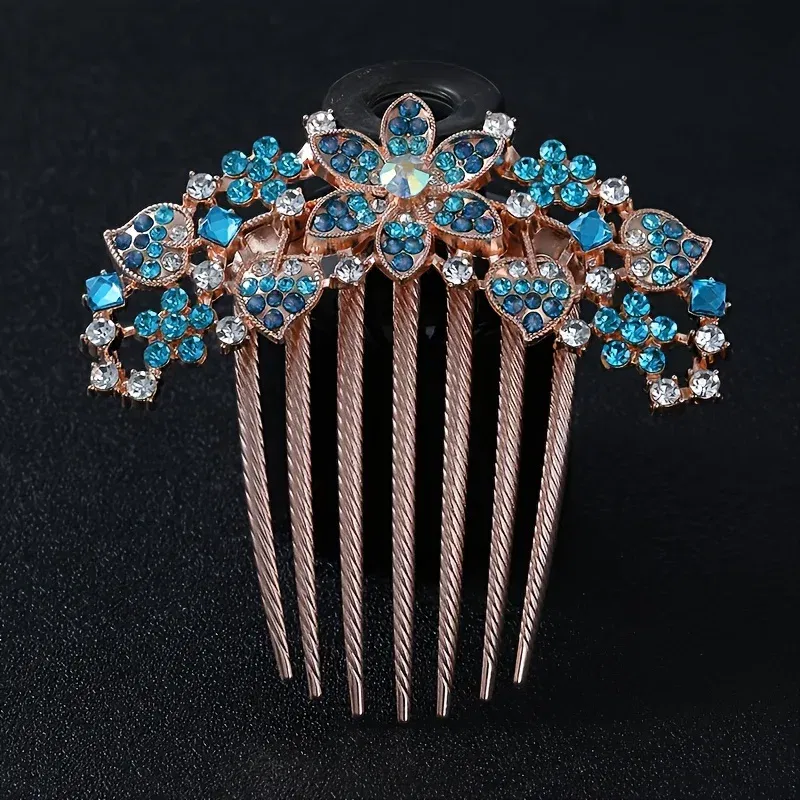 Color: SKY BLUE - 1PC Elegant Rhinestone Hair Comb Flower Shaped Headwear Women Hair Jewelry Accessories