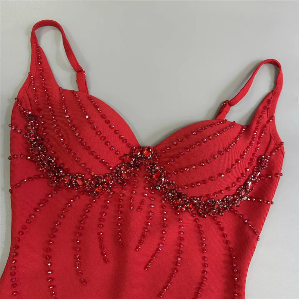 Color: Red, Size: XL - Women Sexy Beading Spaghetti Strap Bandage Dress Bodycon Clothes Club Party Celebrity Elegant Dresses