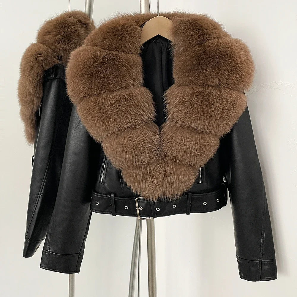 Color: Beige, Size: M - Fake Leather Coat New Natural Fox Fur Autumn Short Faux Leather Jacket Female Spring PU Women Long Sleeve Real Fur Coat Thin