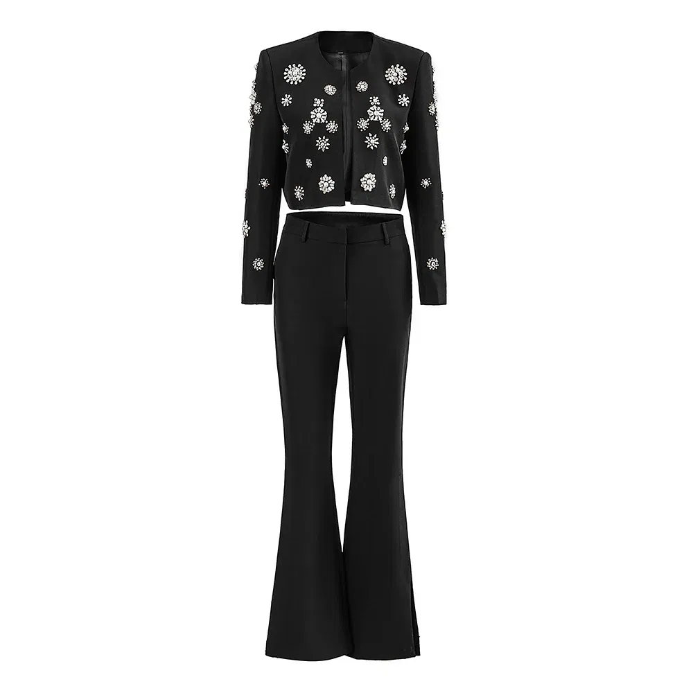 Color: black, Size: L, Ships From: CHINA - Luxury Design Handmade Spark Rhinestone Women 2PCS Pants Suits Short Jacket Wide-leg Trousers High Street White Twin Sets