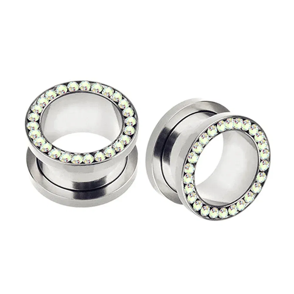Metal color: SILVER PLATED, Main Stone Color: Orange - 2pc Steel Multicolour Crystal Ear Plug Flesh Tunnel 8g ( 3mm ) - 1" ( 25mm ) Gauge Expander Stretcher Screw Fit