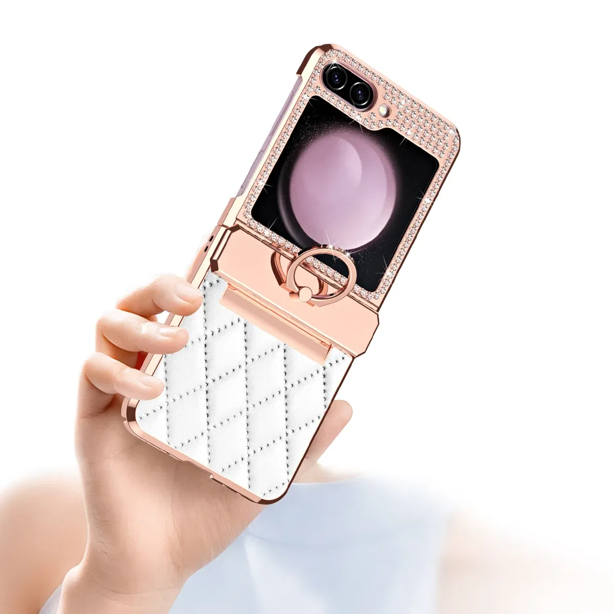 Color: GRAY, Material: ABS - Diamonds Leather Plating Ring Holder Case For Samsung Galaxy Z Flip 5 4 3 5G Shockproof Hinge Protection Cover For Z Flip5
