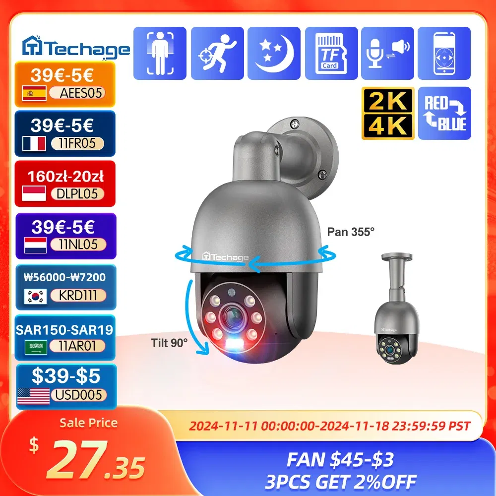 Sensor Size: 1/2.8'', Focus: 3.6mm, Ships From: CHINA - Techage 5MP 8MP PoE PTZ IP Camera Outdoor Waterproof 2 Way Audio Camera AI Human Detection Security Camera Xmeye for NVR System