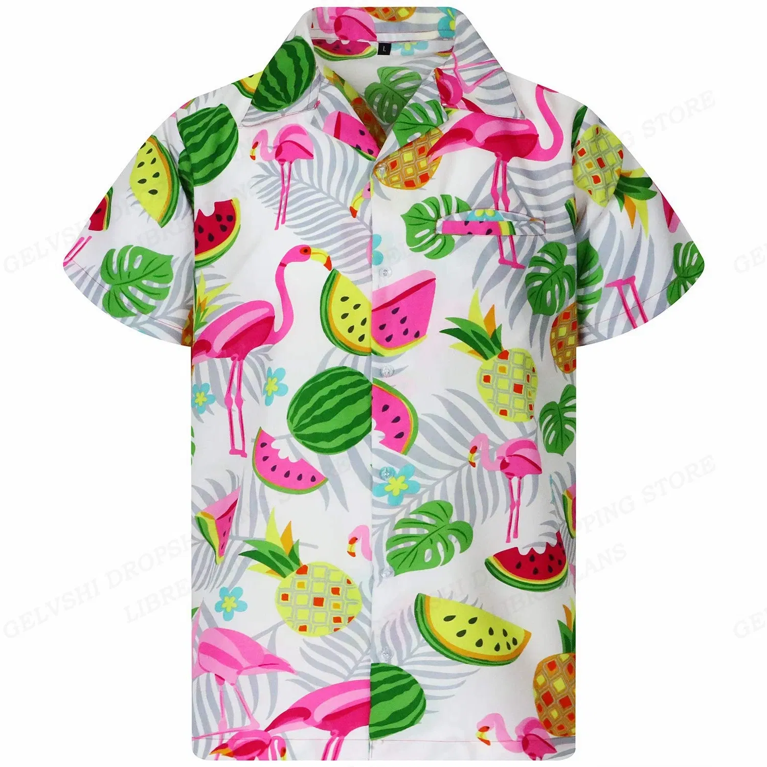 Color: Khaki, Size: 4XL - Flamingo Hawaiian Shirts Beach Summer Men's Shirt Tropic Leaf 3D Print Shirts Men Women Fashion Blouse Short Sleeve Vocation