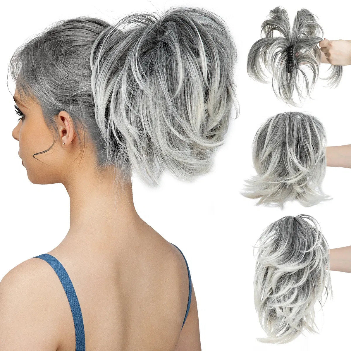 Color: Natural Color, Bulk Buy: 1pc - Synthetic Claw Clip In Ponytail Hair Extensions Diy Hairpiece Hair Bun Fake Blonde Hair False Pigtail for Women