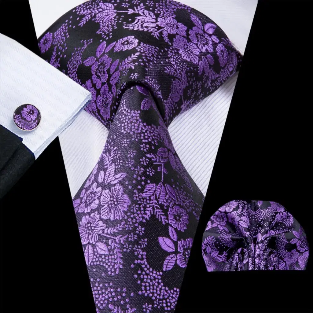 Color: Gold - Hi-Tie Purple Paisley Silk Elegent Tie for Men Novelty Design Handky cufflink Tie Set Party Business Wedding Dropshipping