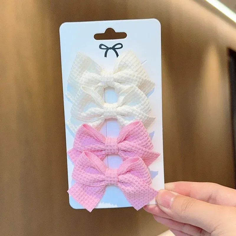Color: black - 4PCS Soft Cotton Bow Hairpin Girl Sweet Plaid Design Hairpin Color Block Delicate Hairgripe Barrettes Kawaii Child Accessories