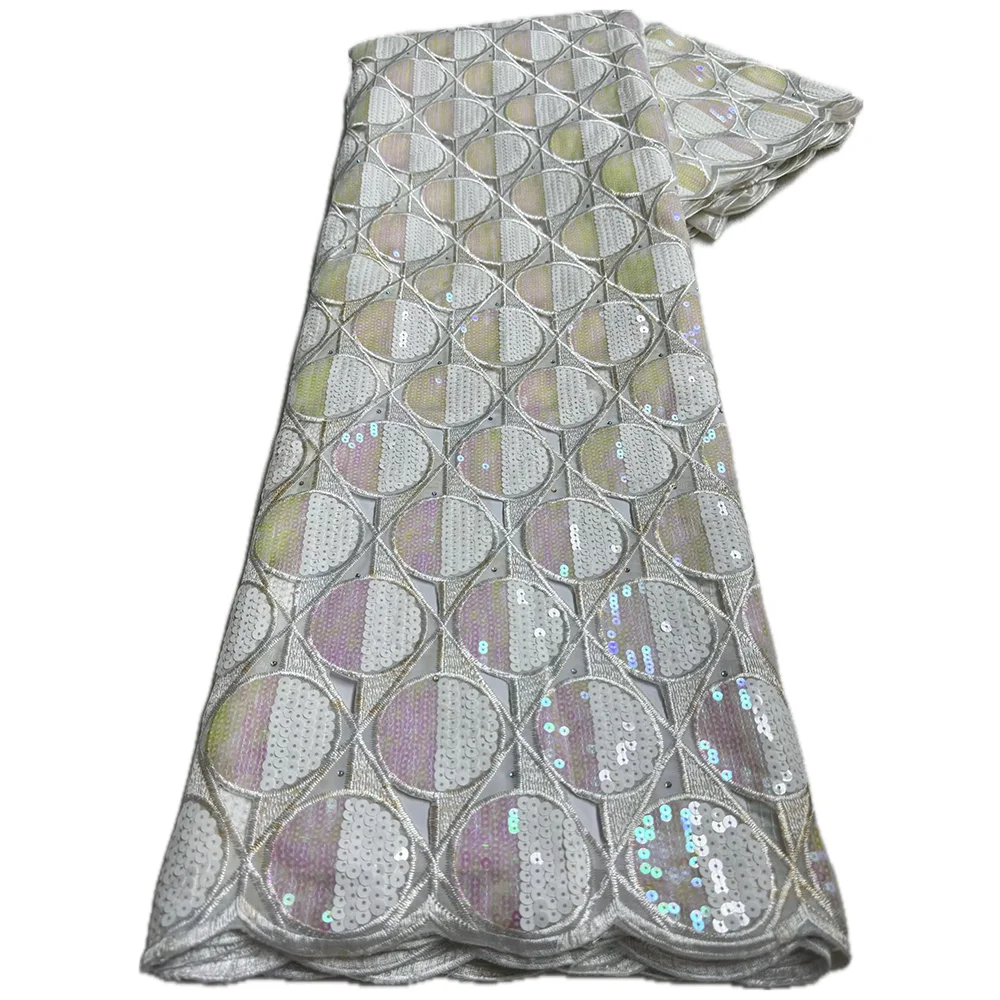Color: WHITE, Length: 5 yards, Width: 120cm - 5 Yards High grade African Organza Cutout Lace Clean Holed Sequins Voile Fine Textured Nigerian Fabric For Occasions Celebrants