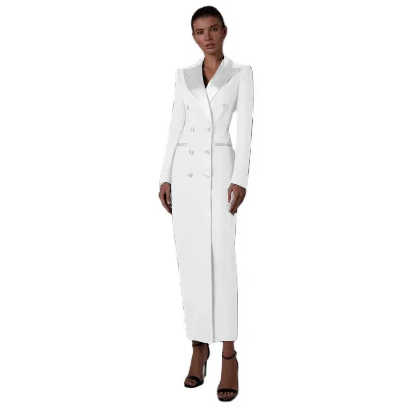 Color: WHITE, Size: 4XL - Women's Suit Long Jacket One Piece Blazer Double Breasted Formal Tuxedo Party Dress кос?‚юм ?¶?µнский