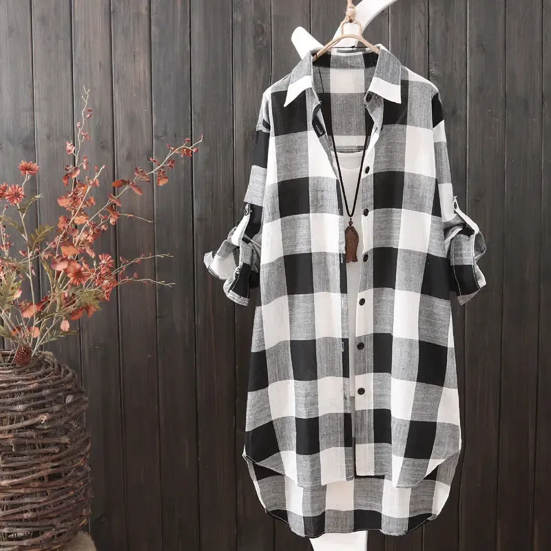 Color: black, Size: S - Women's Plaid Cotton Shirt Chic Women Blouse Elegant and Youth Women's Blouses New In External Clothes Korean Style