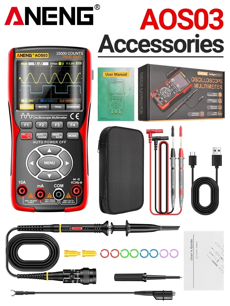 Color: Red - ANENG AOS03 Oscilloscope Multimeter Signal Generator Waveform Output Handheld Battery  LCD Screen Display Multimeter