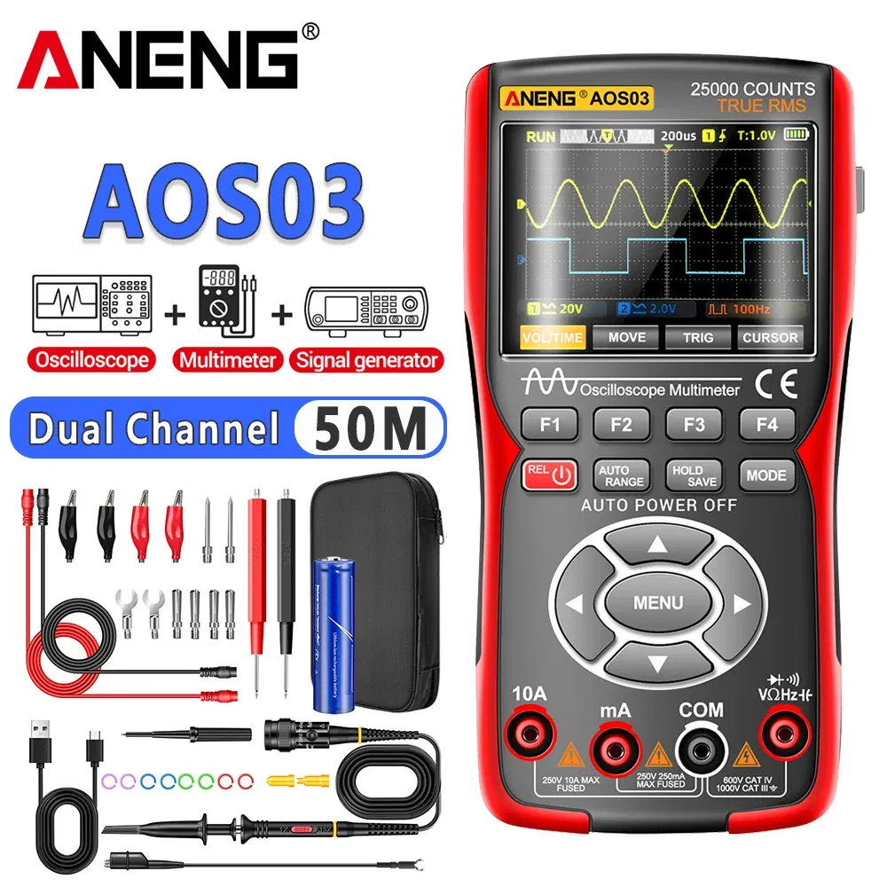 Color: Red - ANENG AOS03 Oscilloscope Multimeter Signal Generator Waveform Output Handheld Battery LCD Screen Display Multimeter