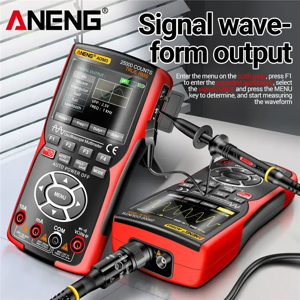 Color: Red - ANENG AOS03 Oscilloscope Multimeter Signal Generator Waveform Output Handheld Battery LCD Screen Display Multimeter