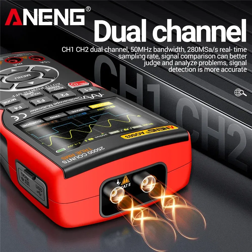 Color: Red - ANENG AOS03 Oscilloscope Multimeter Signal Generator Waveform Output Handheld Battery LCD Screen Display Multimeter