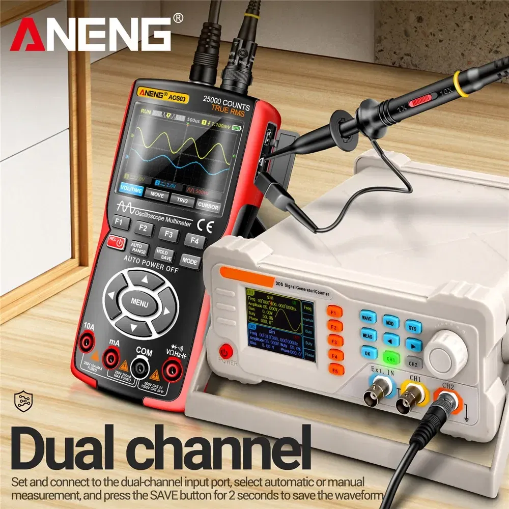 Color: Red - ANENG AOS03 Oscilloscope Multimeter Signal Generator Waveform Output Handheld Battery LCD Screen Display Multimeter
