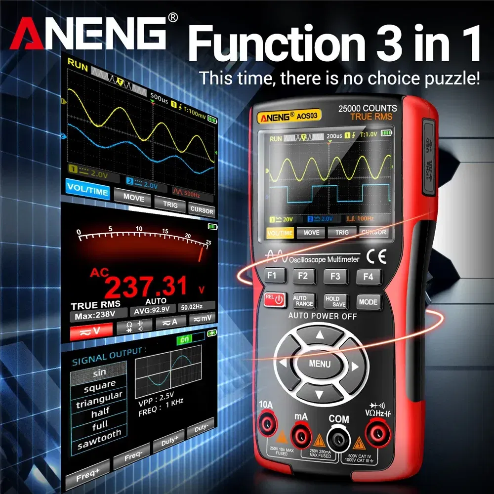 Color: Red - ANENG AOS03 Oscilloscope Multimeter Signal Generator Waveform Output Handheld Battery LCD Screen Display Multimeter