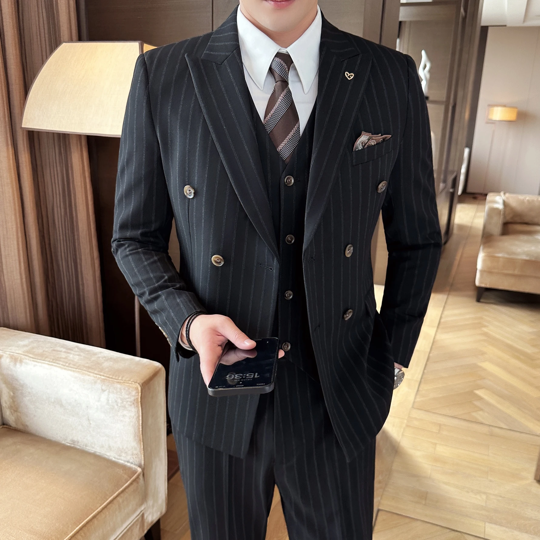 Color: black, Size: M - 2025 Korean-Style British High-Quality Autumn Winter Three-Piece Suit Set Fashionable Cool Versatile Striped Men's Clothing