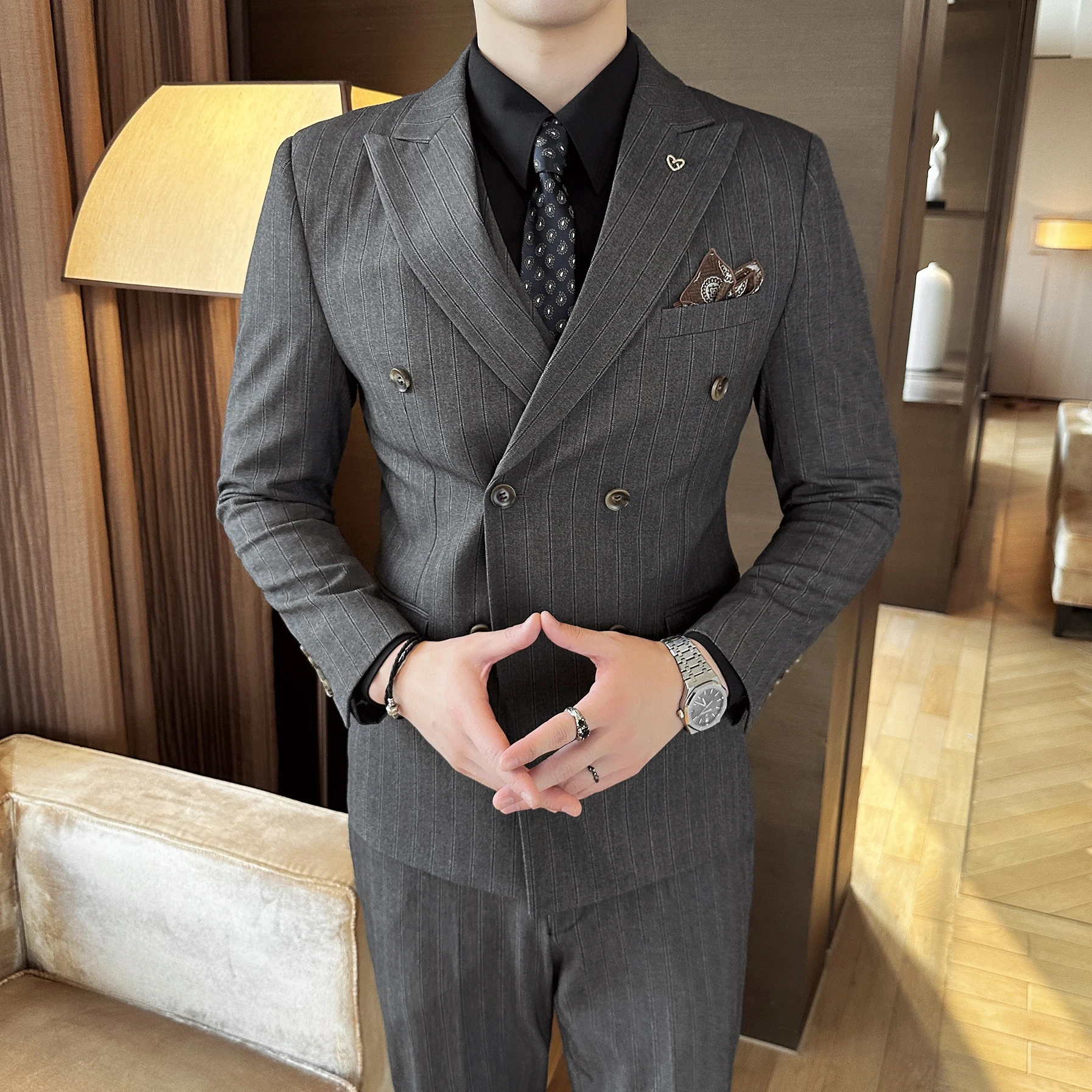 Color: black, Size: M - 2025 Korean-Style British High-Quality Autumn Winter Three-Piece Suit Set Fashionable Cool Versatile Striped Men's Clothing