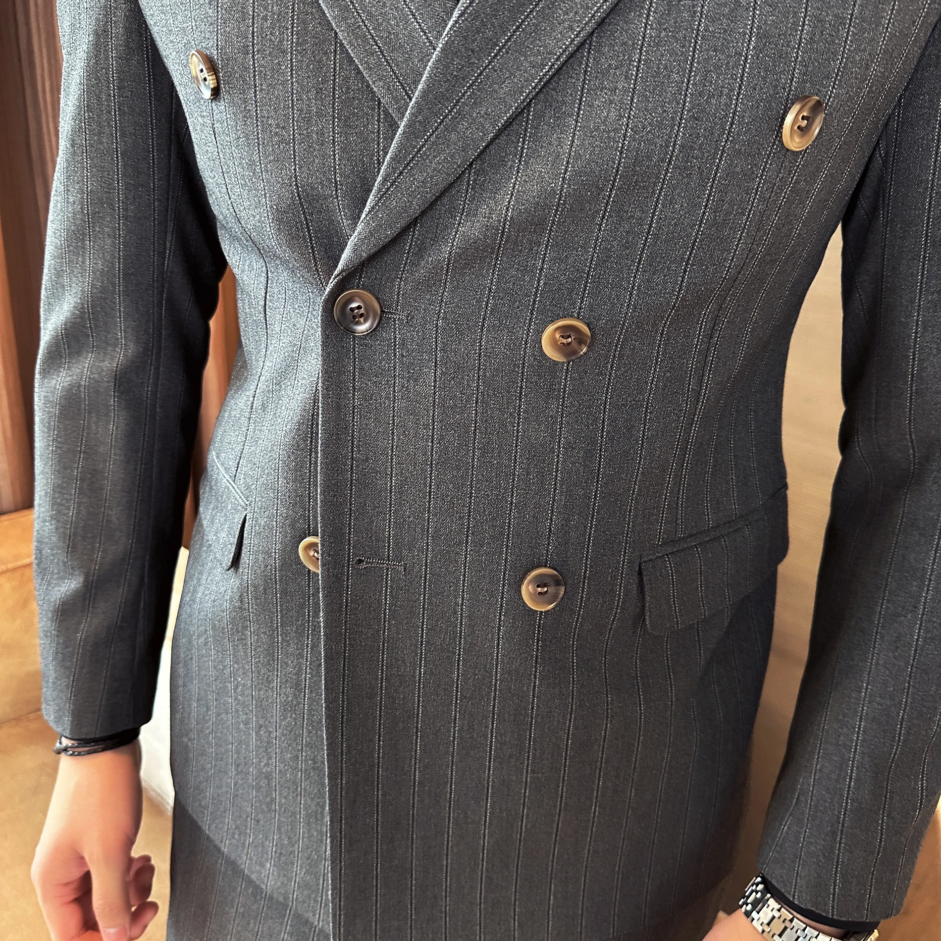 Color: black, Size: M - 2025 Korean-Style British High-Quality Autumn Winter Three-Piece Suit Set Fashionable Cool Versatile Striped Men's Clothing