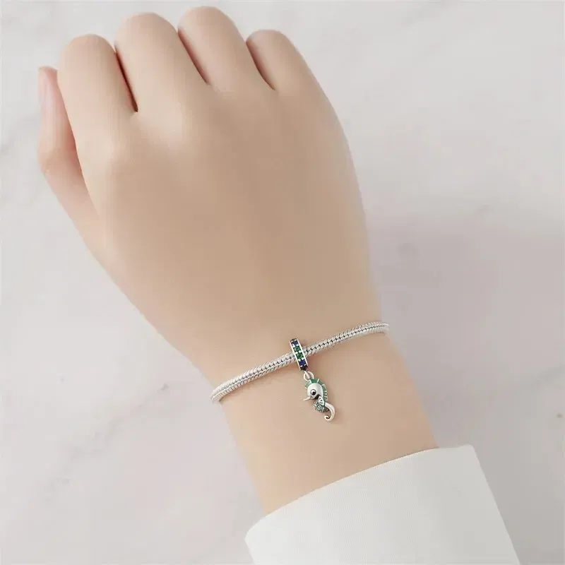 Color: WHITE - Fit Original Pandora Bracelet 925 Sterling Silver Seahorse Charms Beads Inlaid Zirconium Temperature Change Pendants Diy Jewelry