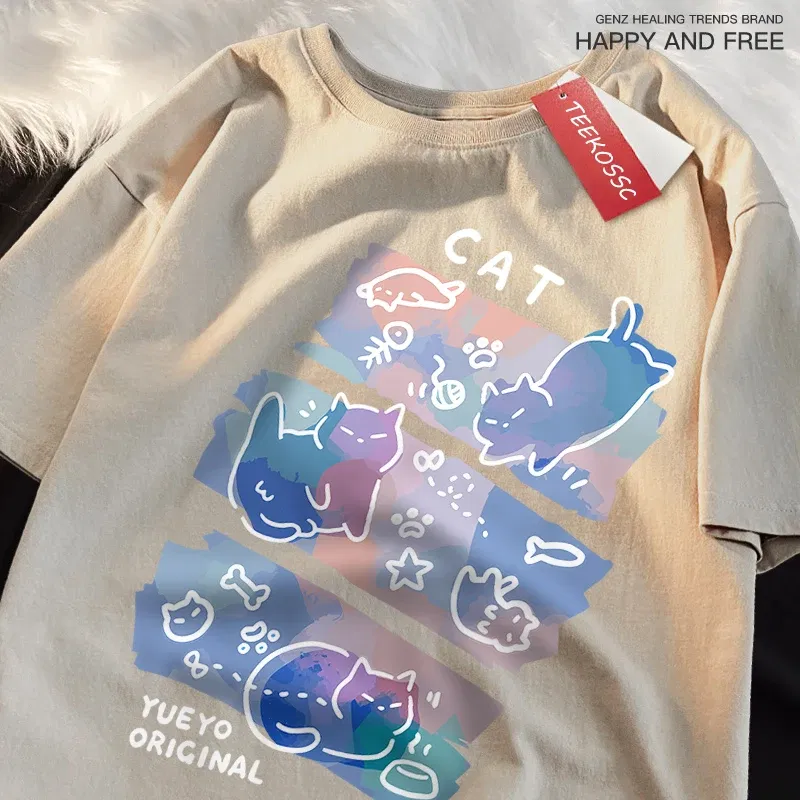 Color: green, Size: M - Fun Mischievous Cat Print Japanese Style T-Shirts Men Women Fashion Tshirs Breathable Summer T-Shirts Cotton Loose Tee Clothes