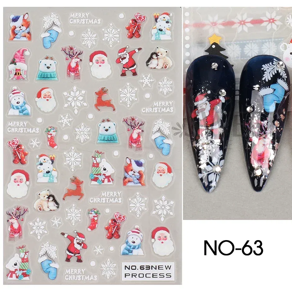 Color: Burgundy - 5D Embossed Elk Nail Art Sticker Cute Christmas Winter Santa Claus Snowflake Gingerbread Man Engraved Slider Manicure Decoration