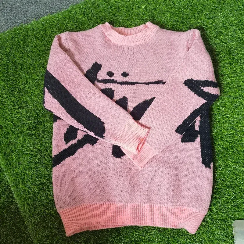 Color: Pink, Size: One Size - New Winter Women Monogram Jacquard Knitted Crew Neck Sweater Graffiti Pullovers Long Sleeve Jumpers Autumn Women Trendy Clothing