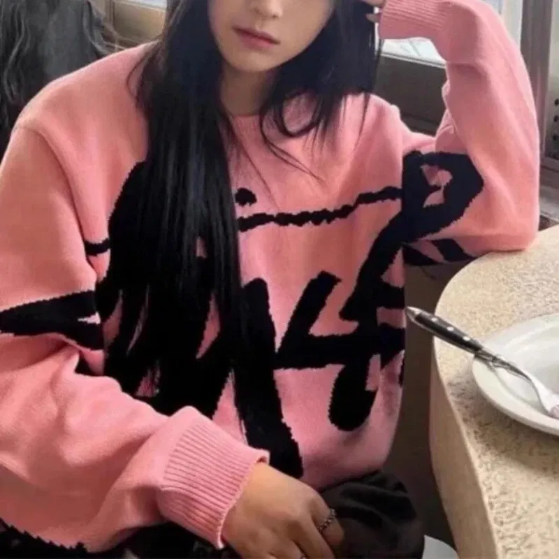 Color: Pink, Size: One Size - New Winter Women Monogram Jacquard Knitted Crew Neck Sweater Graffiti Pullovers Long Sleeve Jumpers Autumn Women Trendy Clothing