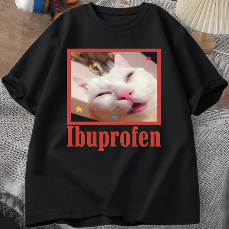 Color: Yellow, Size: M - Ibuprofen Cat Meme Tshirt Funny Cat Graphic Tee Cute Cat Lover Cotton T-Shirt Casual Funny T Shirts Unisex Oversized Tshirt Tee