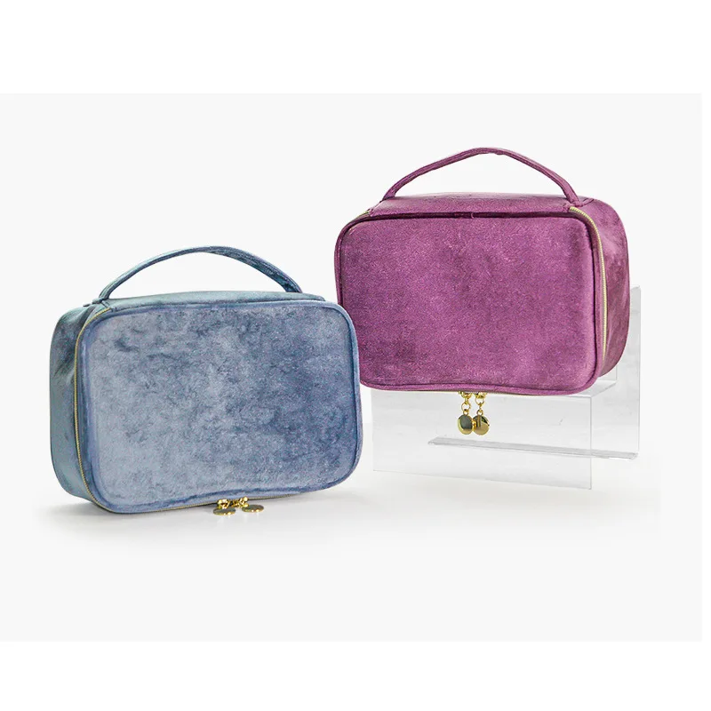Color: DEEP BLUE - Velvet Cosmetics Bag Top Handle Travel Large Capacity Brushes Suede Makeup Vanity Case Custom Initials Name Gift