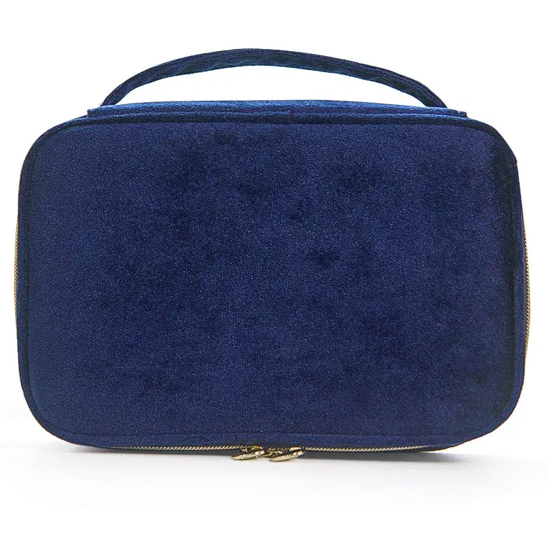Color: DEEP BLUE - Velvet Cosmetics Bag Top Handle Travel Large Capacity Brushes Suede Makeup Vanity Case Custom Initials Name Gift